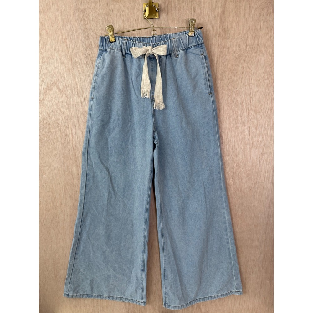Cider Womens Small Baggy Blue Denim Pants Elastic Waist Drawstring Wide Leg
